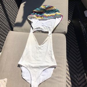 White one piece bathing suit with hood